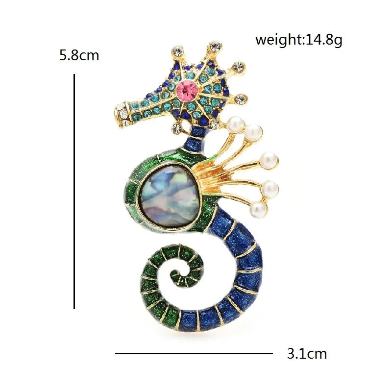 Wuli&baby Blue Rhinestone Shell Seahorse Brooch Pin Fashion Jewelry