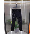 Luxury 2023 Men's High Street Korean Black Jeans with Zipper Distressed Hole Designer Youth Trend Slim-Fit Black Cotton Trousers