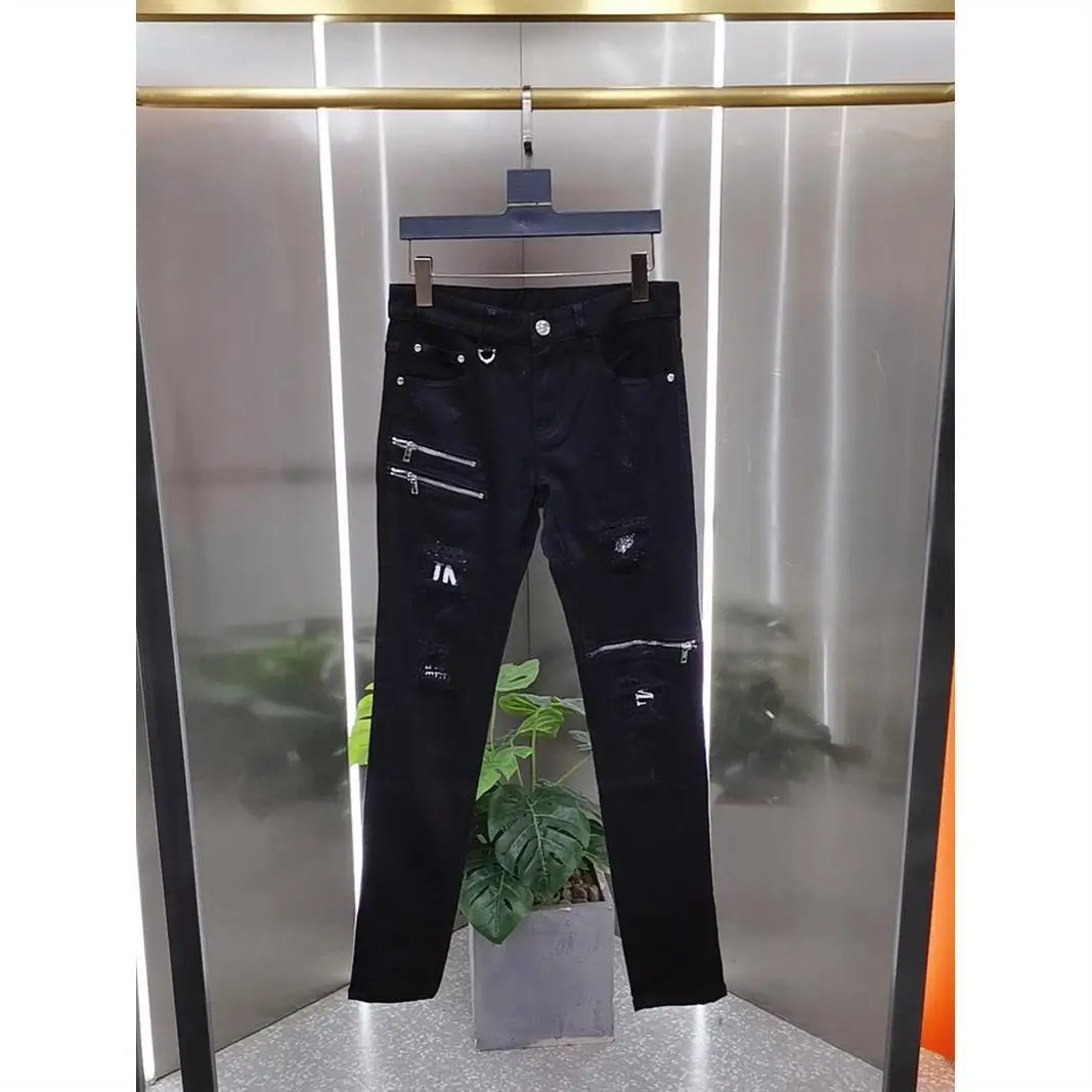 Luxury 2023 Men's High Street Korean Black Jeans with Zipper Distressed Hole Designer Youth Trend Slim-Fit Black Cotton Trousers