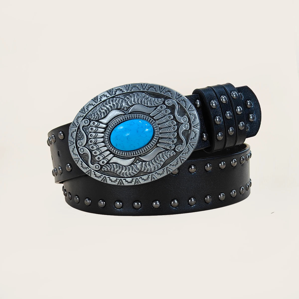 Men and Women's Casual Punk Rivet Belt Western Style PU Leather Belt with Turquoise Buckle for Daily Work Wear Gothic Jeans Belt