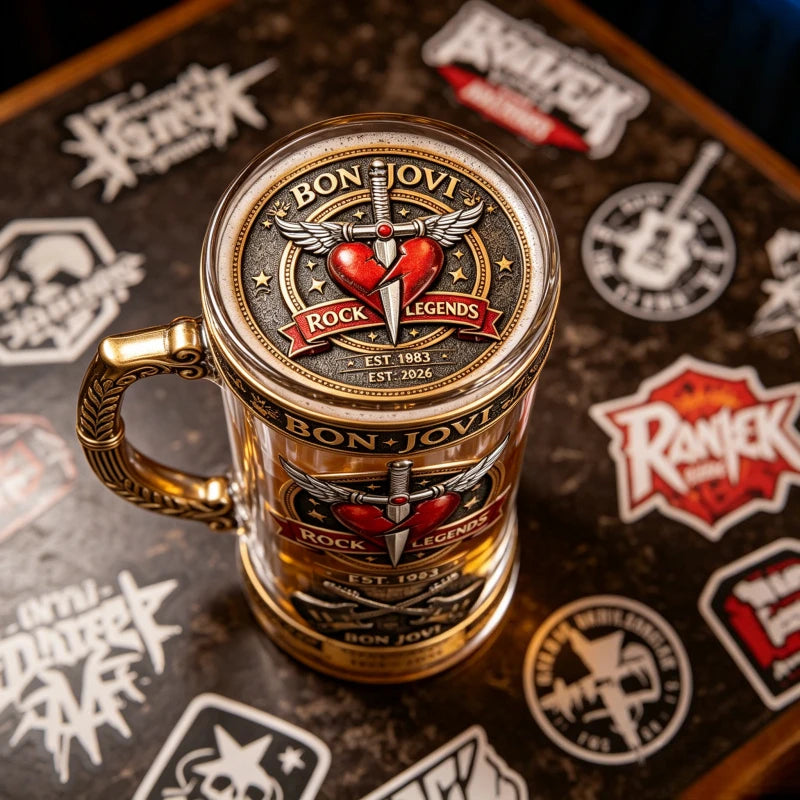 Bon Jovi Rock Legend Themed Beer Mug, Vintage Embossed Metal Handle Large Capacity Draft Beer Mug