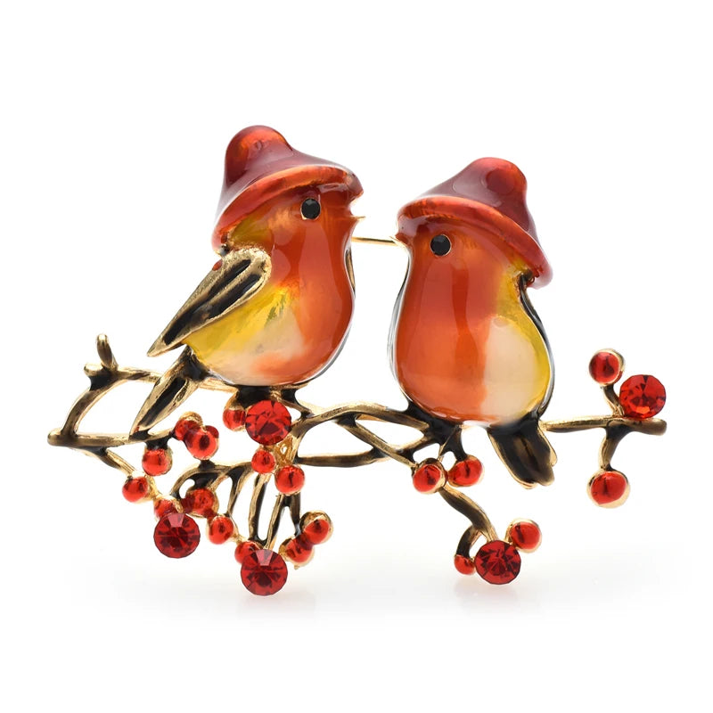Wuli&baby Cute Two Birds Brooches For Women 2-color Enamel Rhinestone Talking Bird Animal Party Office Brooch Pin Gifts