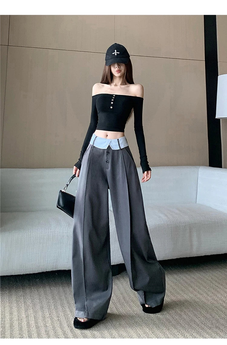 Suit wide leg pants women's autumn and winter striped patchwork high waisted casual fashion versatile straight leg pants