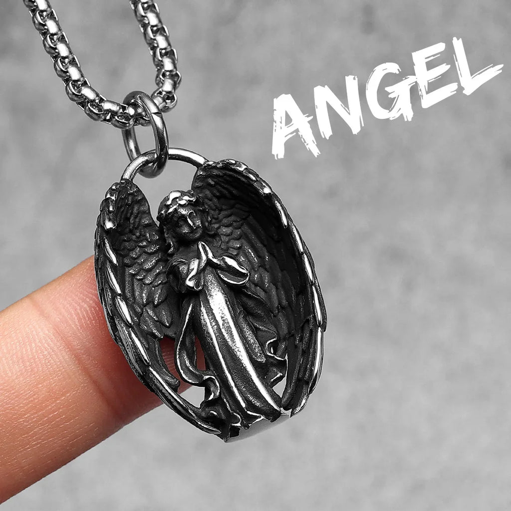 Angel Wing Pray Amulet Stainless Steel Men Necklaces Pendant Chain Punk New in For Couple Women Fashion Jewelry Gifts Wholesale
