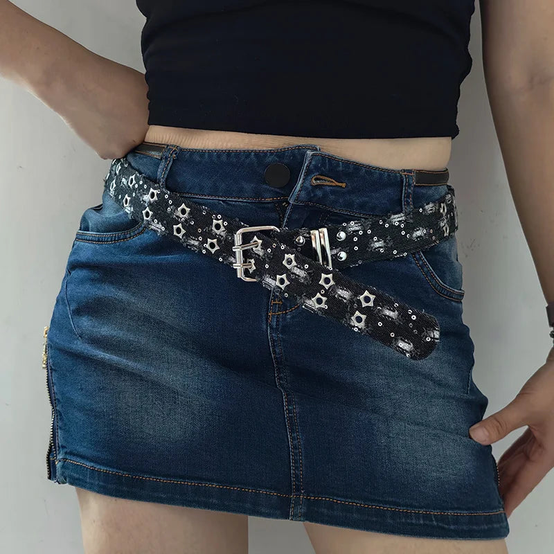 Punk Star Eyelet Denim Fabric Belts For Women High-end Luxury Brand Unisex Jeans Retro Gothic Belt Blue Waistband Y2K Pink Belt