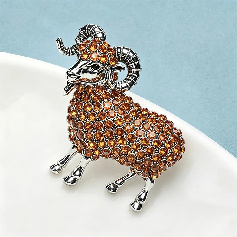 PENDRA Highland Rhinestone Goat Brooch
