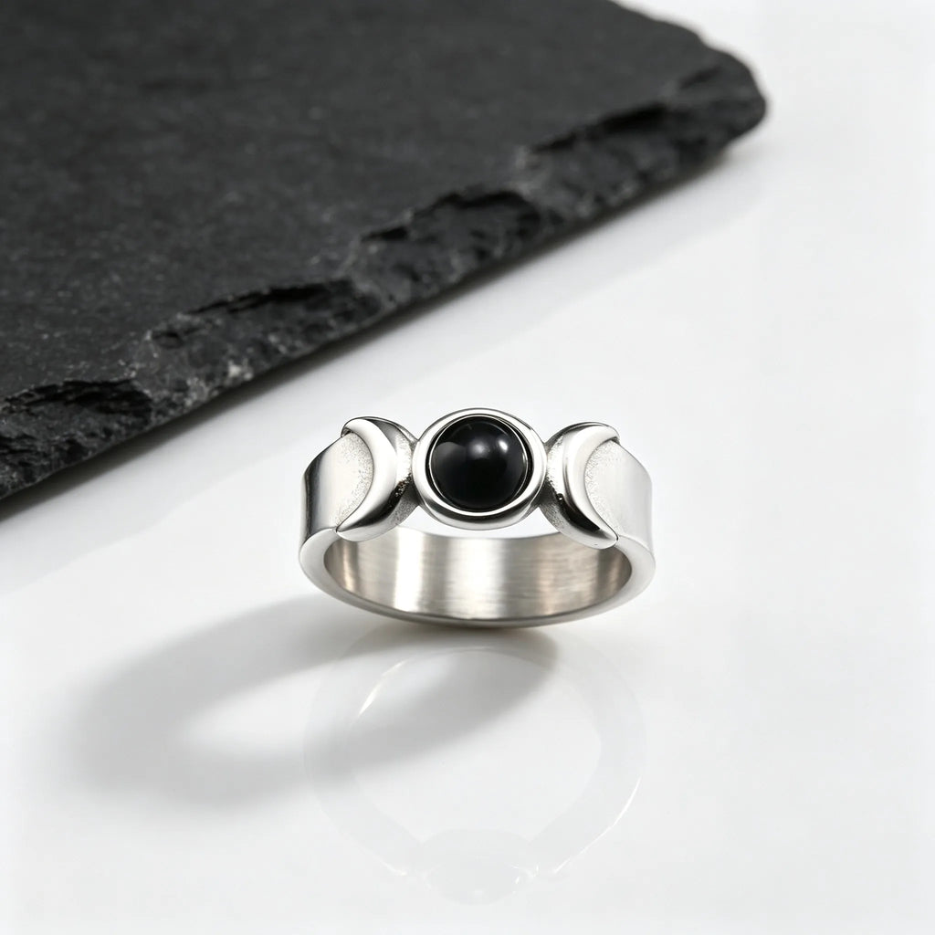 Triple Moon Goddess Ring for Men,Stainless Steel Black Onyx Stone Ring,Wicca Pagan Witchcraft Protection Amulet Finger Jewelry