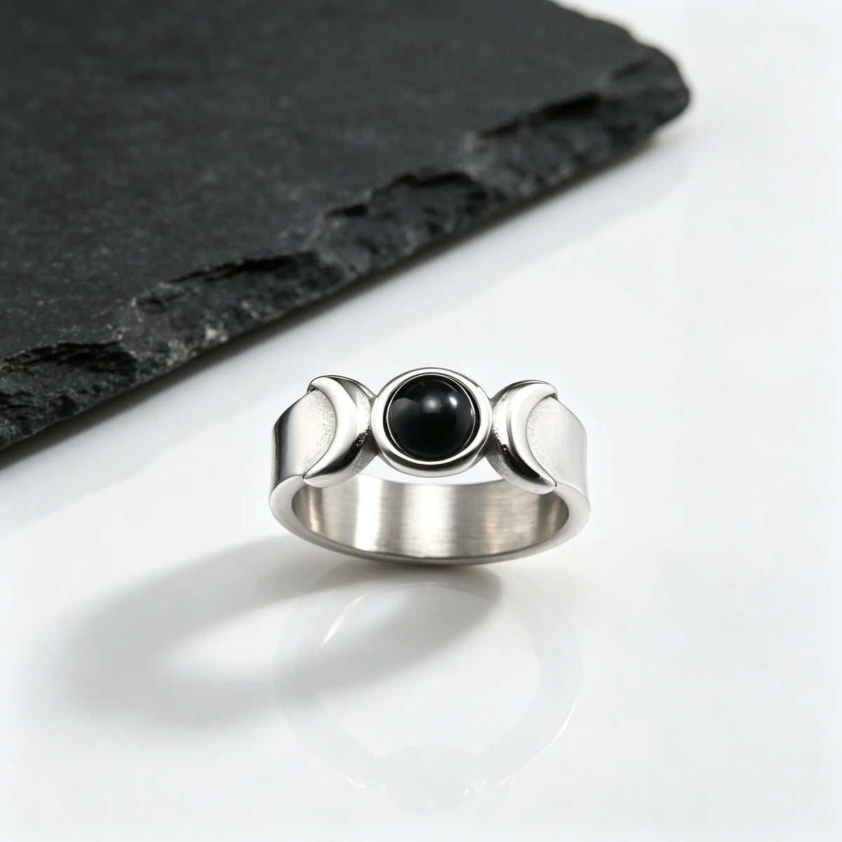 Triple Moon Goddess Ring for Men,Stainless Steel Black Onyx Stone Ring,Wicca Pagan Witchcraft Protection Amulet Finger Jewelry
