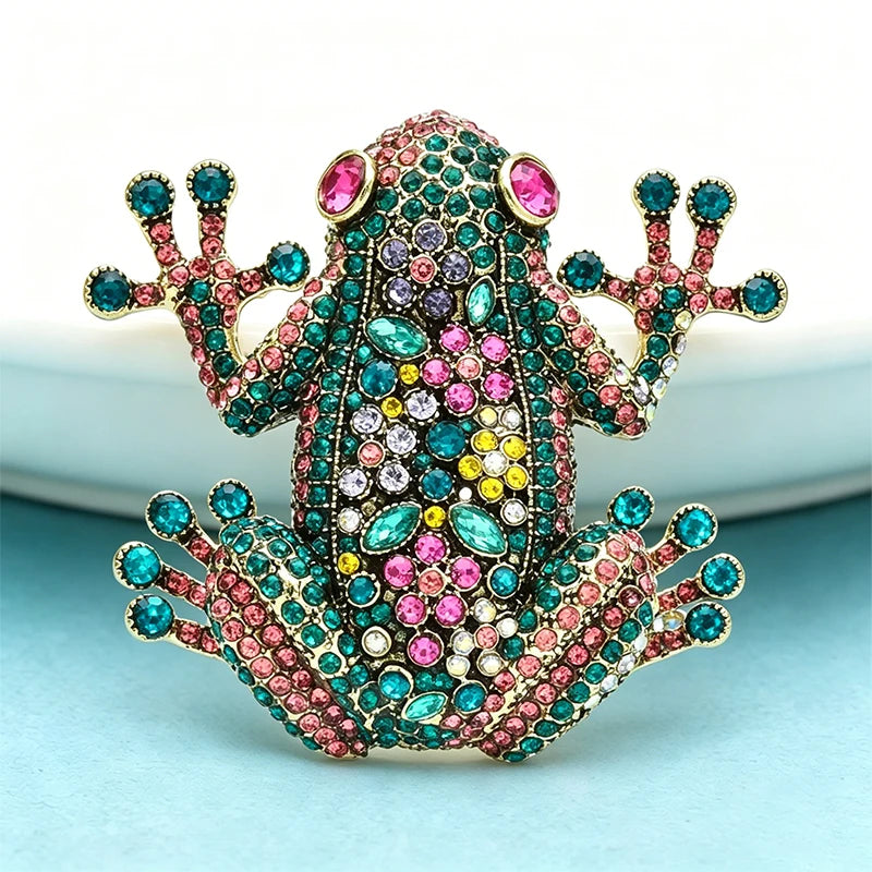 PENDRA Regal Frog Multicolor Rhinestone Brooch