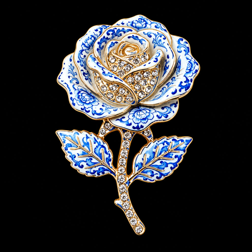 PENDRA Rosette 2-Color Enamel Rhinestone Rose Flower Brooch