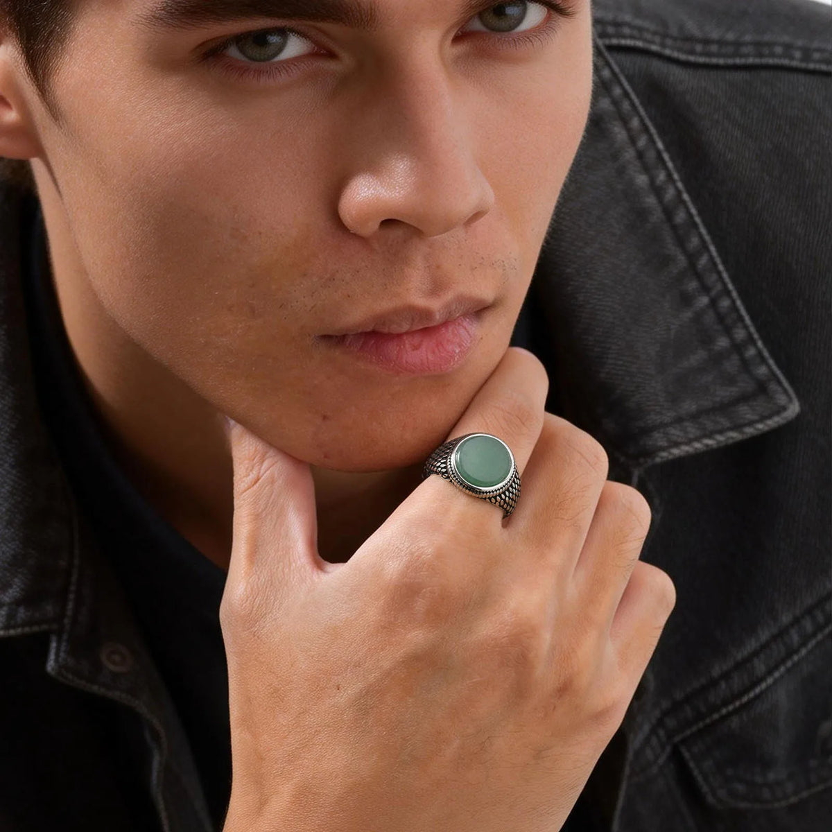 Punk Vintage Ethnic Rings for Men,Stainless Steel Natural Stone Scale Ring,Round Stone Signet Ring Gift for Husband Dad Son