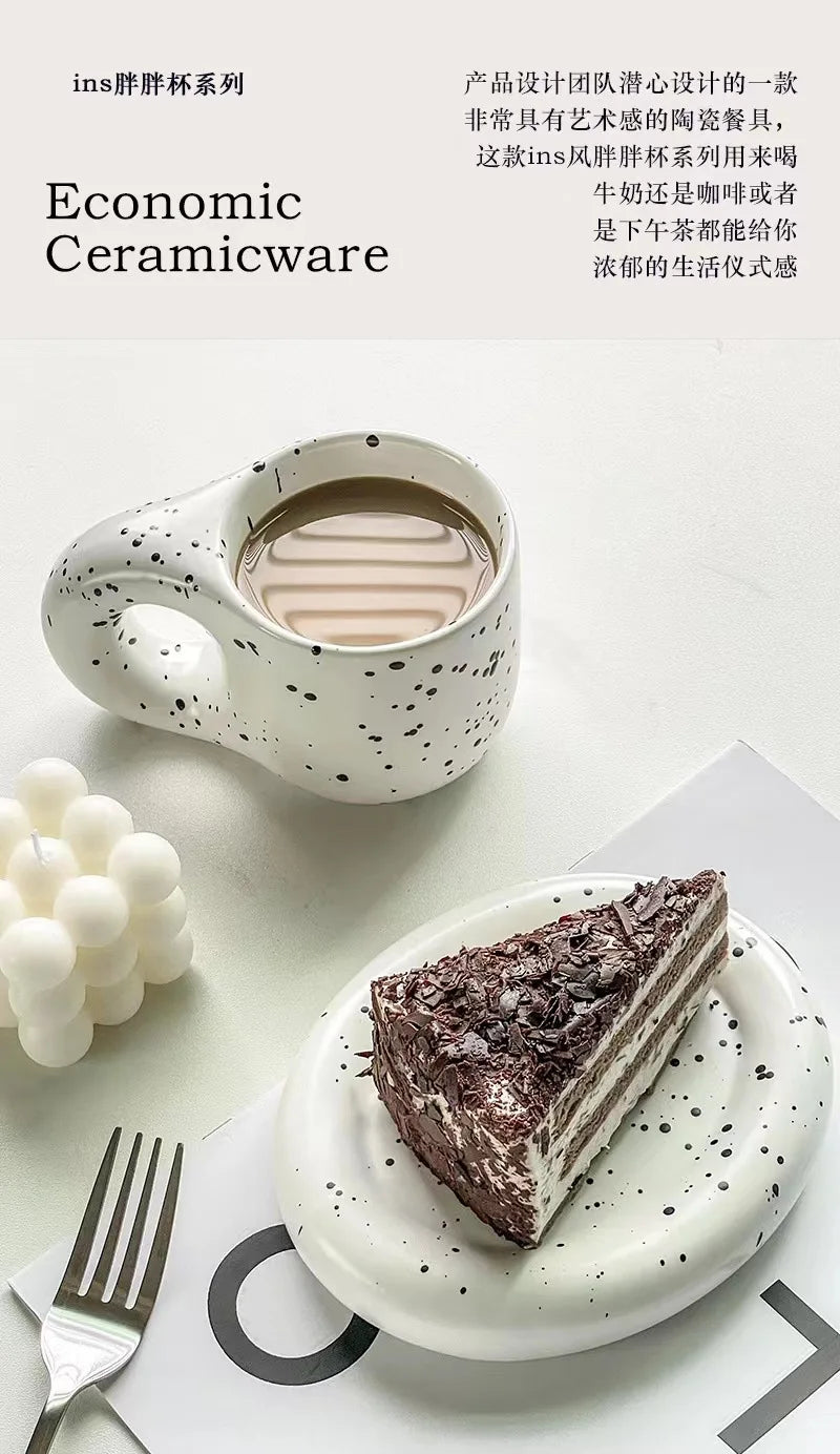 Creative chubby ceramic cup and saucer set, big handle design ins wind mug, macaron breakfast coffee