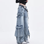 Female Trendy Loose Straight Wide Leg Denim Pants American Style High Street Three-dimensional With ribbons Design Pants