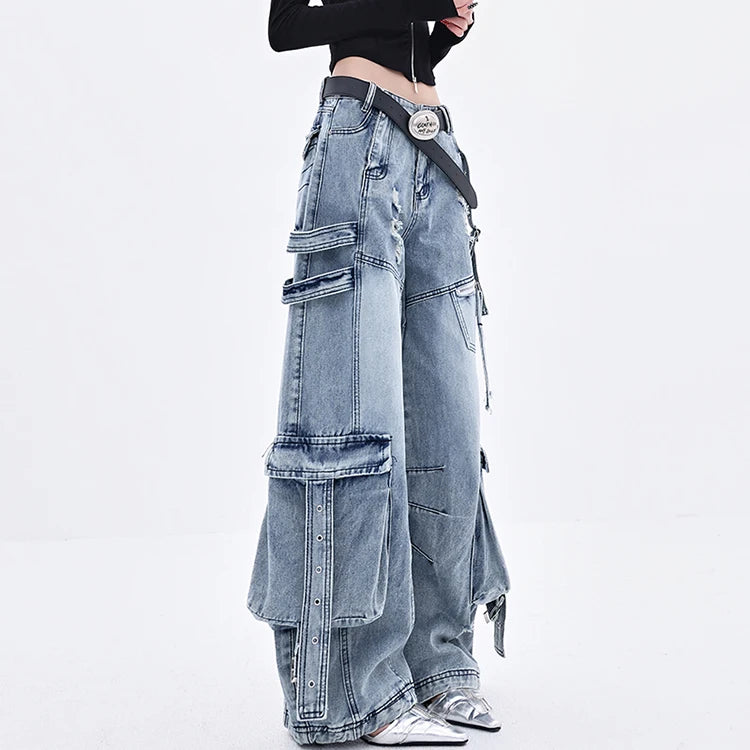 Female Trendy Loose Straight Wide Leg Denim Pants American Style High Street Three-dimensional With ribbons Design Pants