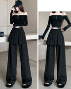 Suit wide leg pants skirt women's autumn design sense fake two piece pleated skirts high waisted loose floor length pants