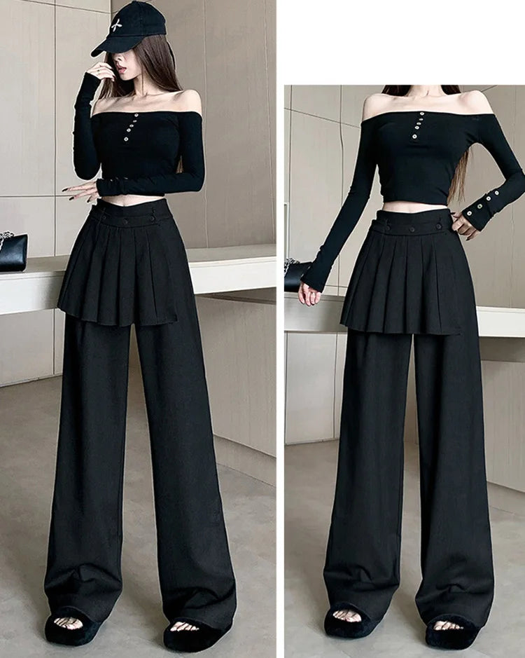 Suit wide leg pants skirt women's autumn design sense fake two piece pleated skirts high waisted loose floor length pants