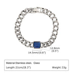 Chunky Cuban Chain Bracelets for Men Boys,Embossed Stainless Steel Chain Link Wristband with Blue Stone,Retro Jewelry Gift