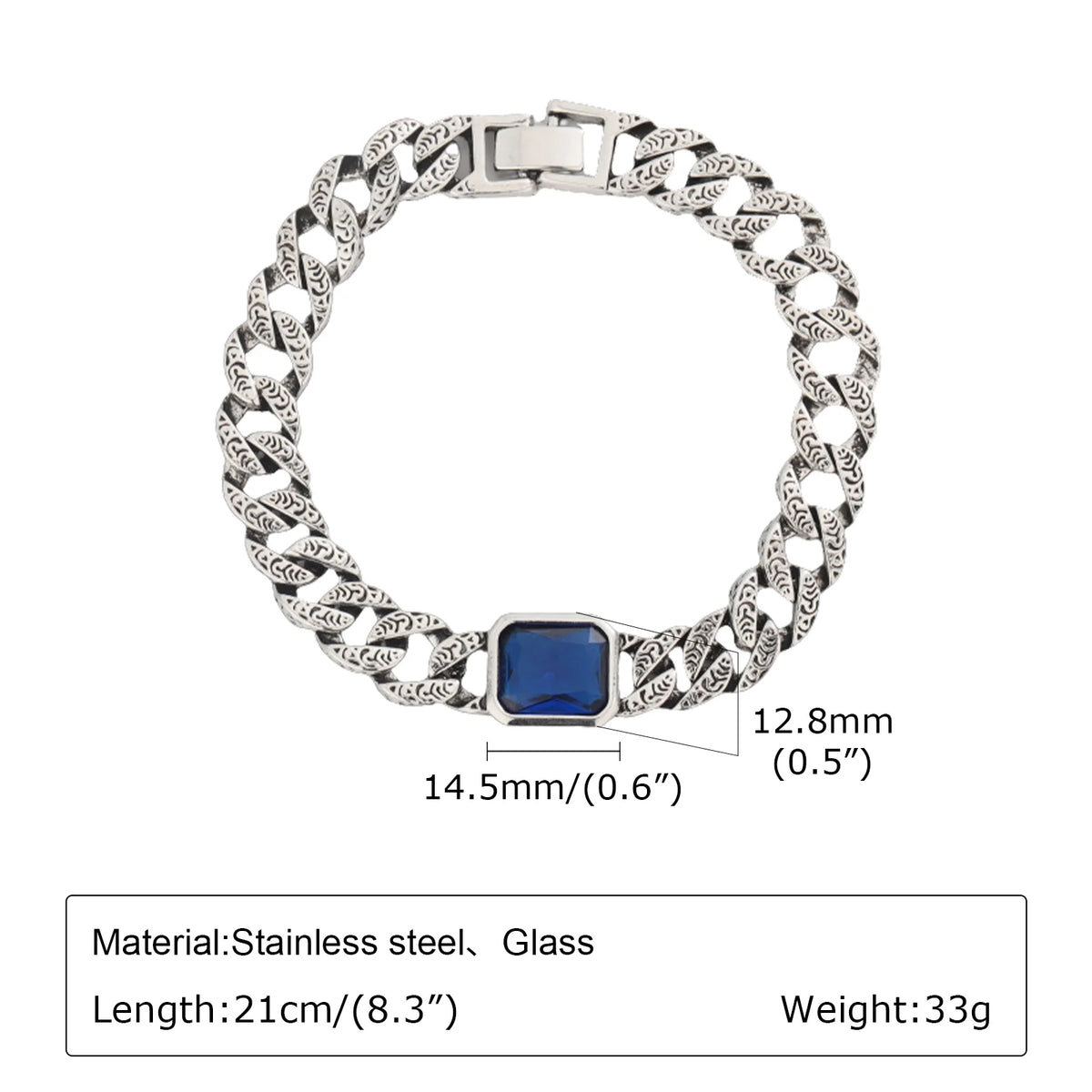 Chunky Cuban Chain Bracelets for Men Boys,Embossed Stainless Steel Chain Link Wristband with Blue Stone,Retro Jewelry Gift