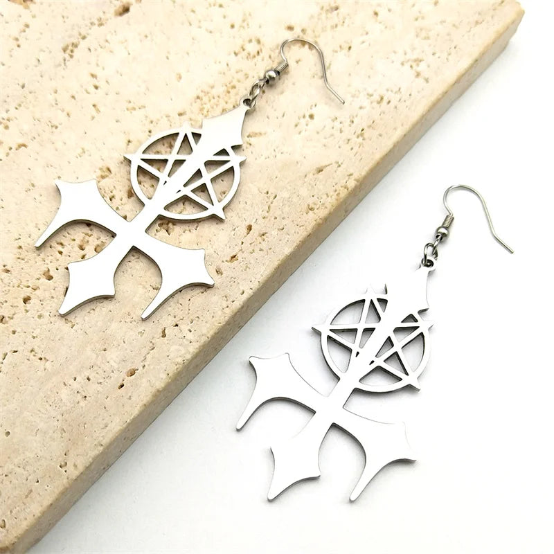Goth Pentagram Sigil Satan Cross Hoop Earrings for Women Stainless Steel Silver Color Big Lucifer Star Earrings Jewelry