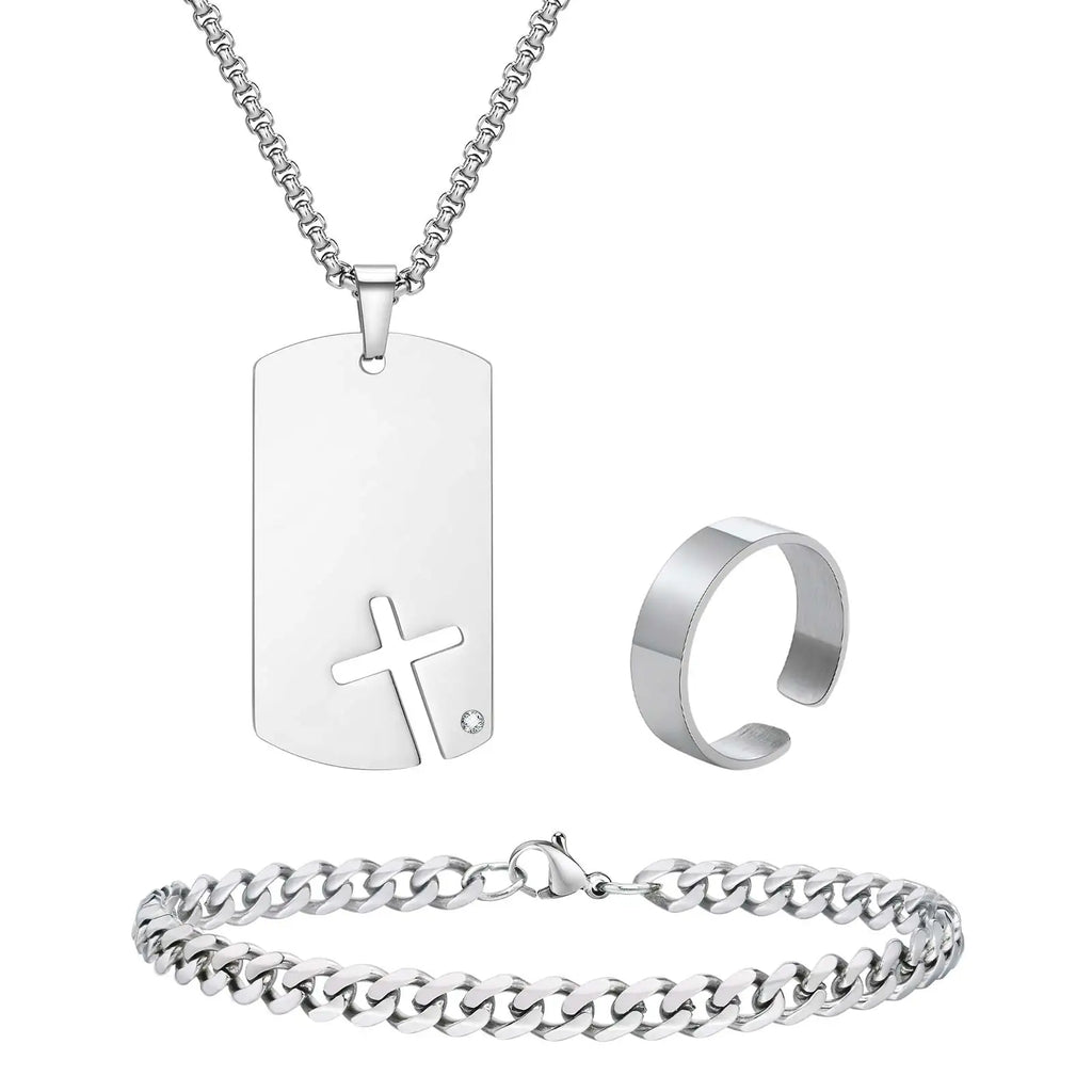 3pcs/set Dogtag Necklace for Men Boys,Stainless Steel Cuban Chain Bracelet,Waterproof Bend Ring Set Gift