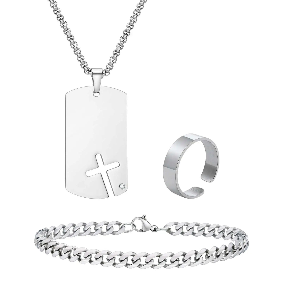 3pcs/set Dogtag Necklace for Men Boys,Stainless Steel Cuban Chain Bracelet,Waterproof Bend Ring Set Gift