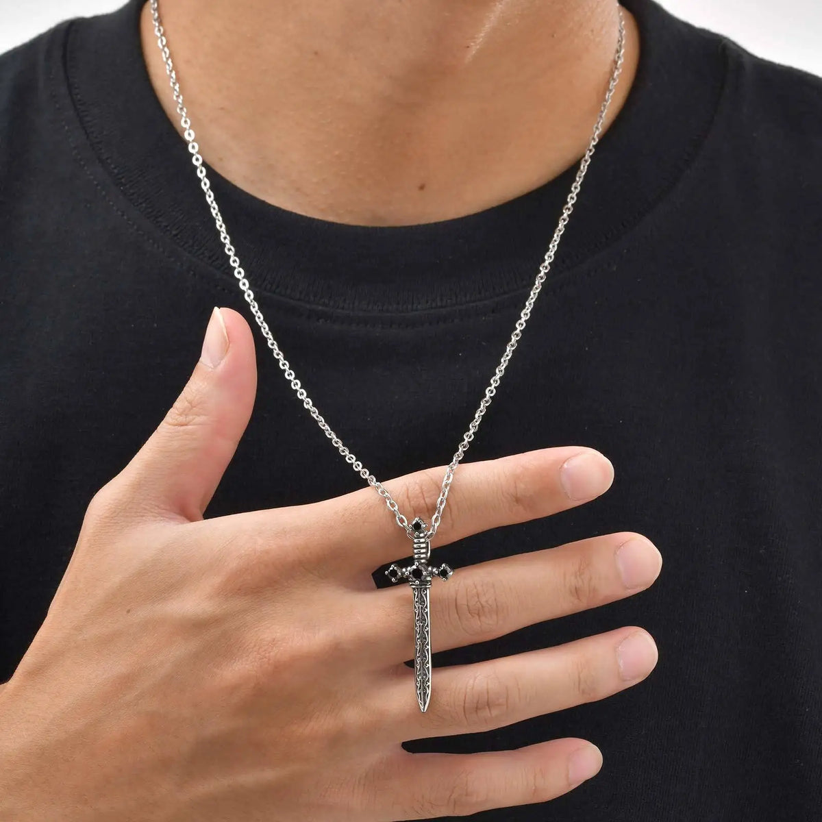 Punk Stainless Steel Sword Necklace for Men Boys,Vintage Black Zircon Sword Shape Pendant,Gift for BBF Son Dad