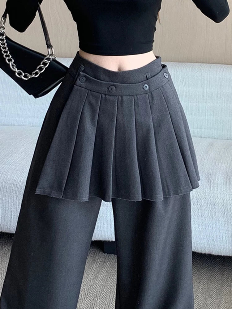 Suit wide leg pants skirt women's autumn design sense fake two piece pleated skirts high waisted loose floor length pants