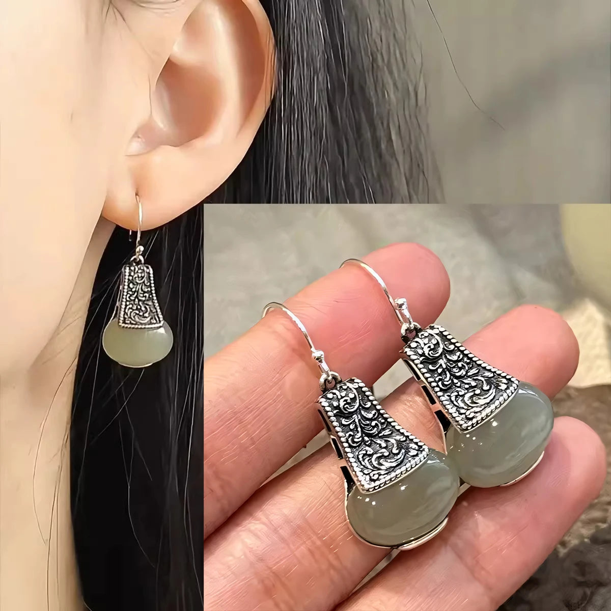 VENTFILLE Hetian Jade Ear Hook Earring Women's High-end Temperament Ethnic Style Retro Earrings Cloisonne Craft Dangler Gift