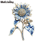 PENDRA Porcelia Blue-and-White Rhinestone Sunflower Brooch