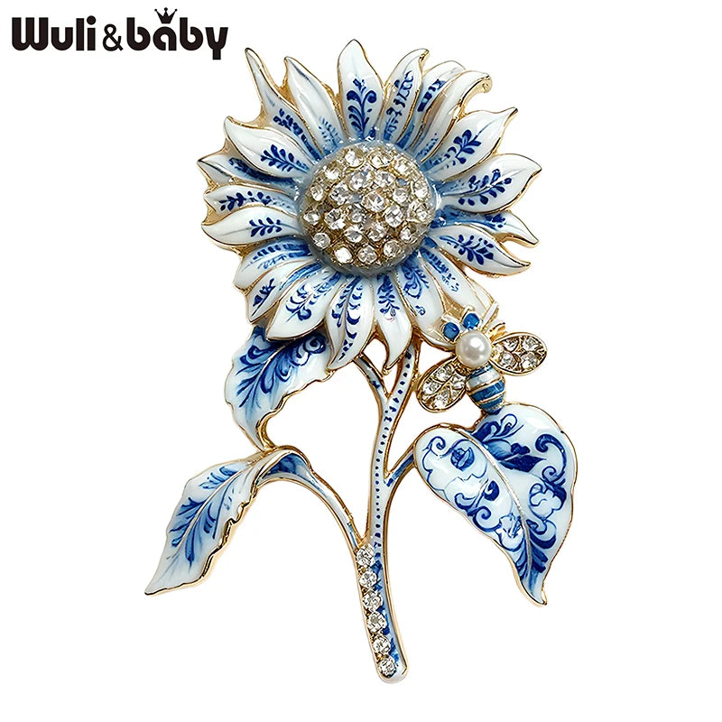 PENDRA Porcelia Blue-and-White Rhinestone Sunflower Brooch