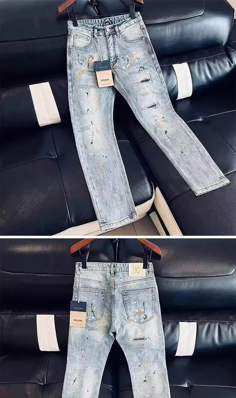 High-end Luxury Clothing Light Blue Jeans Men Fashion Ink Splatter Autumn Slim Pencil Pants Spring Autumn Designer Denim Jeans