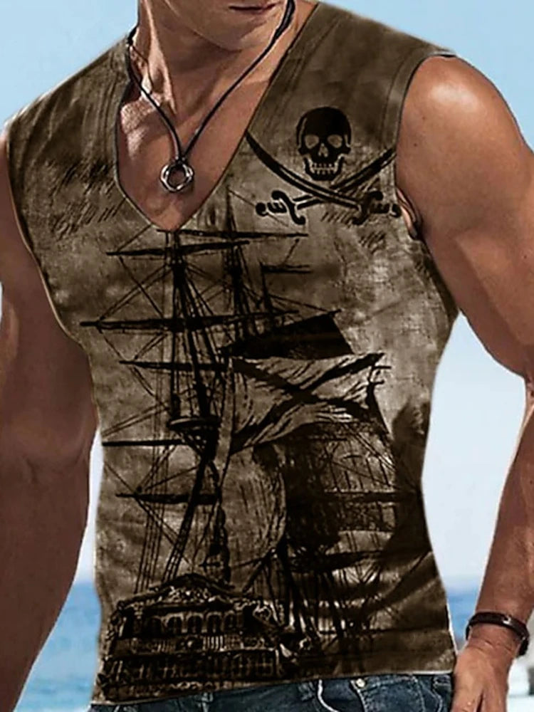 Street Style Stylish Men's V-neck Tank Top Summer Outdoor Casual Men's Tank Top Running Men's Comfortable Vest Pirate Ship Print