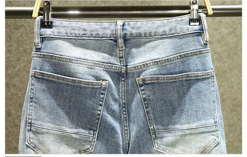 2025 Summer Ripped Jeans Men's Slim-fitting Small Feet Elastic Trousers Trendy Brand Fashion Scratched Patch Cargo Beggar Pants