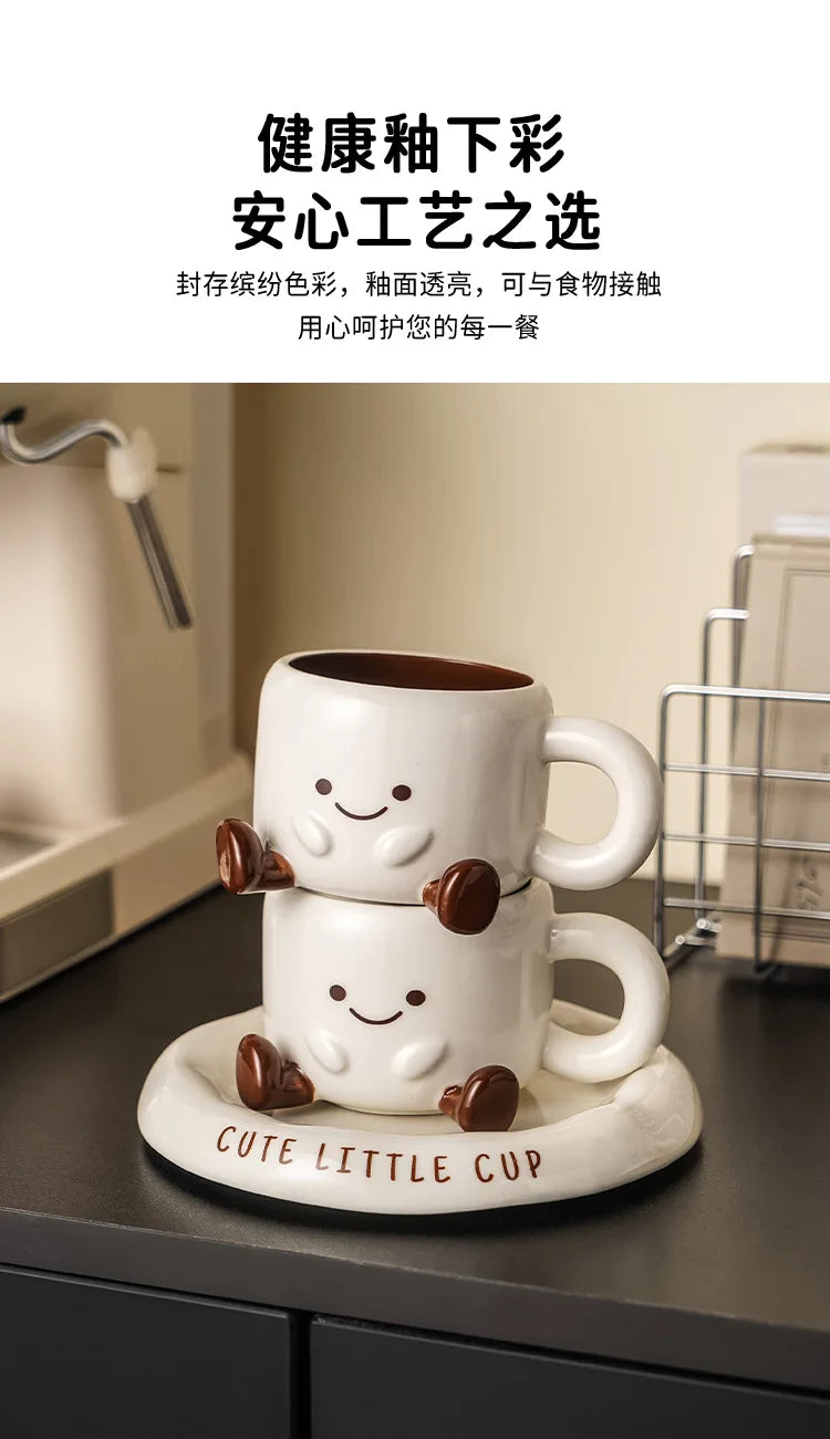 Cute Smiley Face Ceramic Coffee Mug with Saucer 3D Cartoon Design Tea Cup