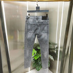 Spring and Autumn 2025 New Men's Jeans Gray Trendy Tiger Head Hot Diamond Printing Slim-fit Small Feet Trousers Men's Clothing