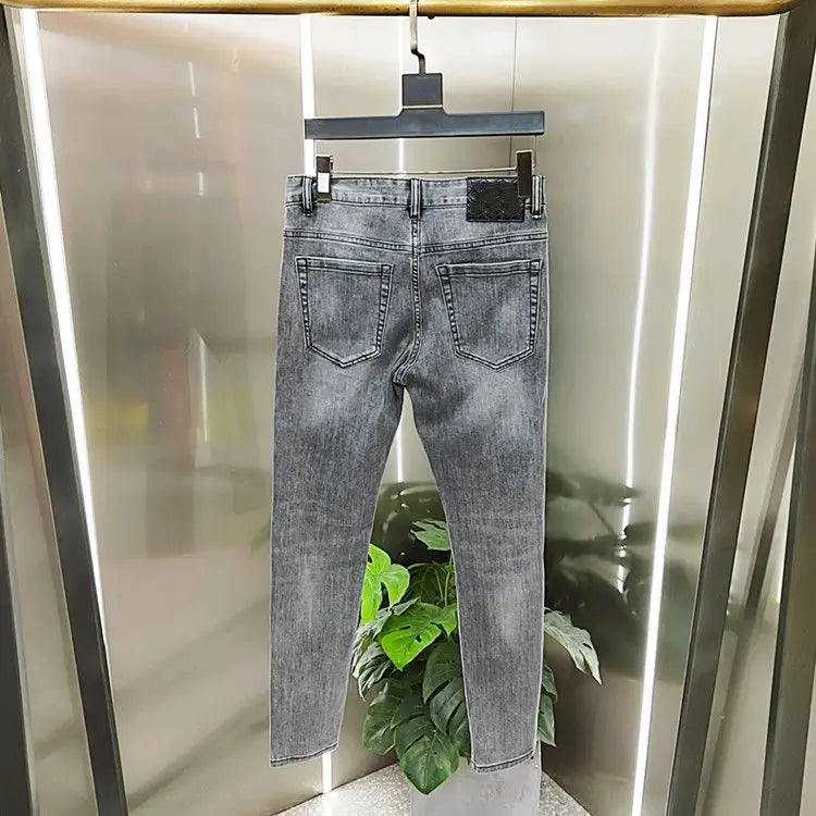 Spring and Autumn 2025 New Men's Jeans Gray Trendy Tiger Head Hot Diamond Printing Slim-fit Small Feet Trousers Men's Clothing