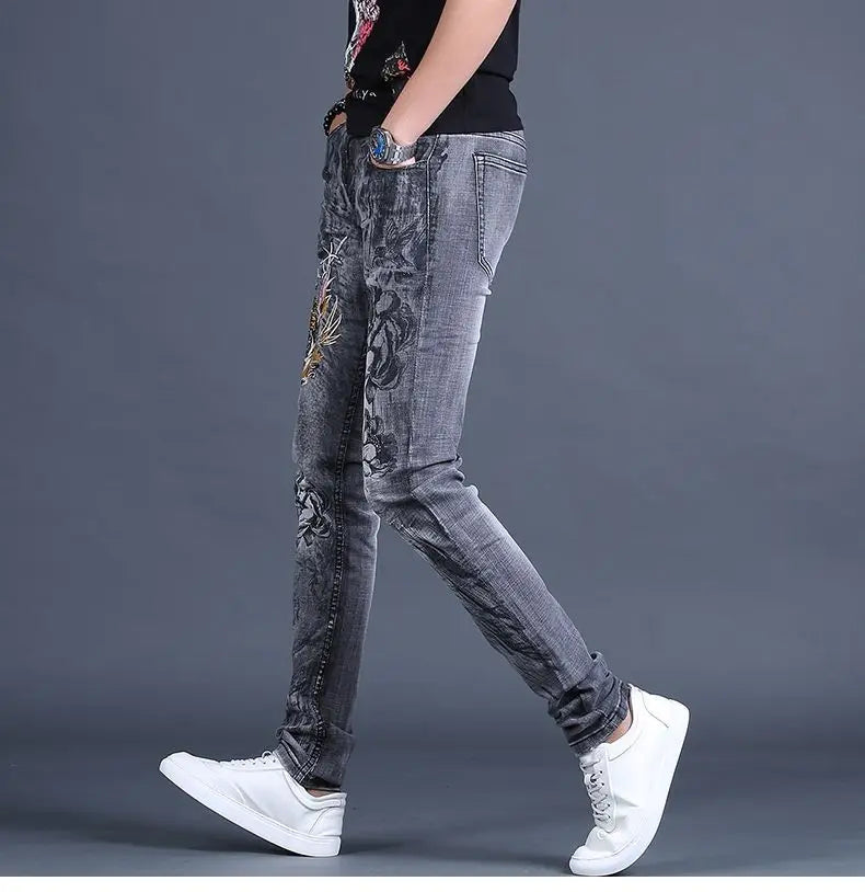 Spring and Autumn 2025 New Men's Jeans Gray Trendy Tiger Head Hot Diamond Printing Slim-fit Small Feet Trousers Men's Clothing