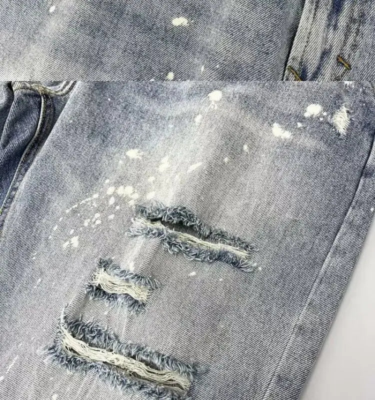 2026 Washed Light Blue Ripped Jeans Men's Straight High Street Trendy Brand Ragged Beggar Pants Large Size Trousers Cargo Pants