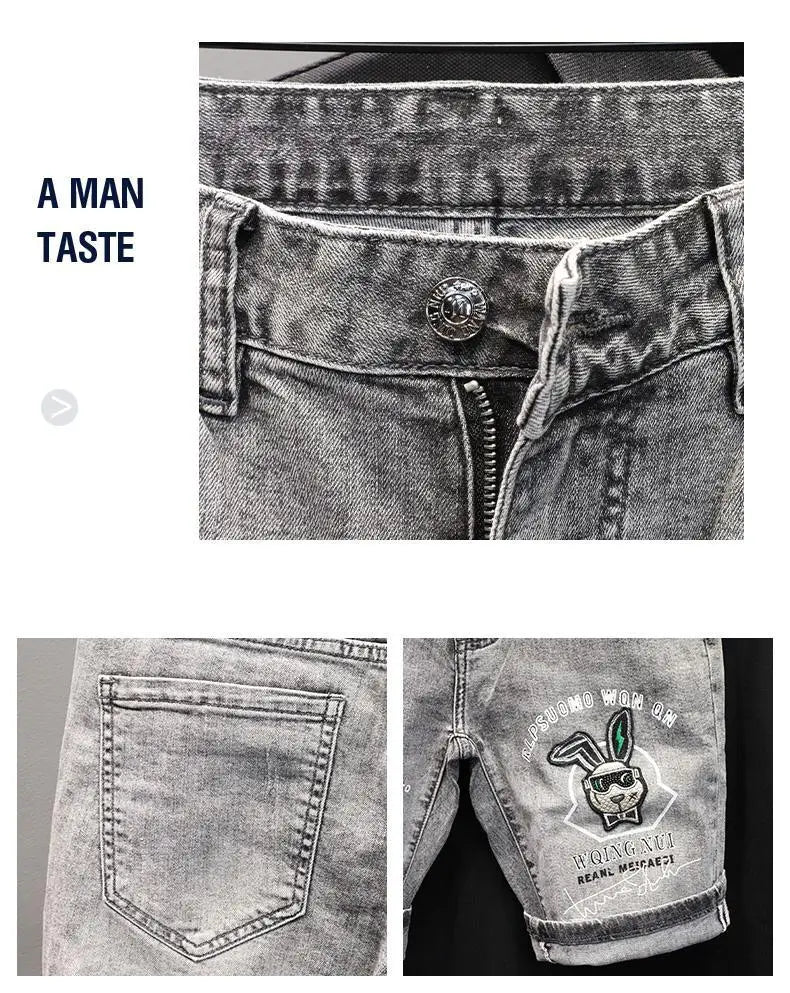 Korean Fashion Kpop Men's Casual Streetwear Boyfriend Designer Denim Shorts with Rabbit Embroidery for Summer Grey Short Jeans