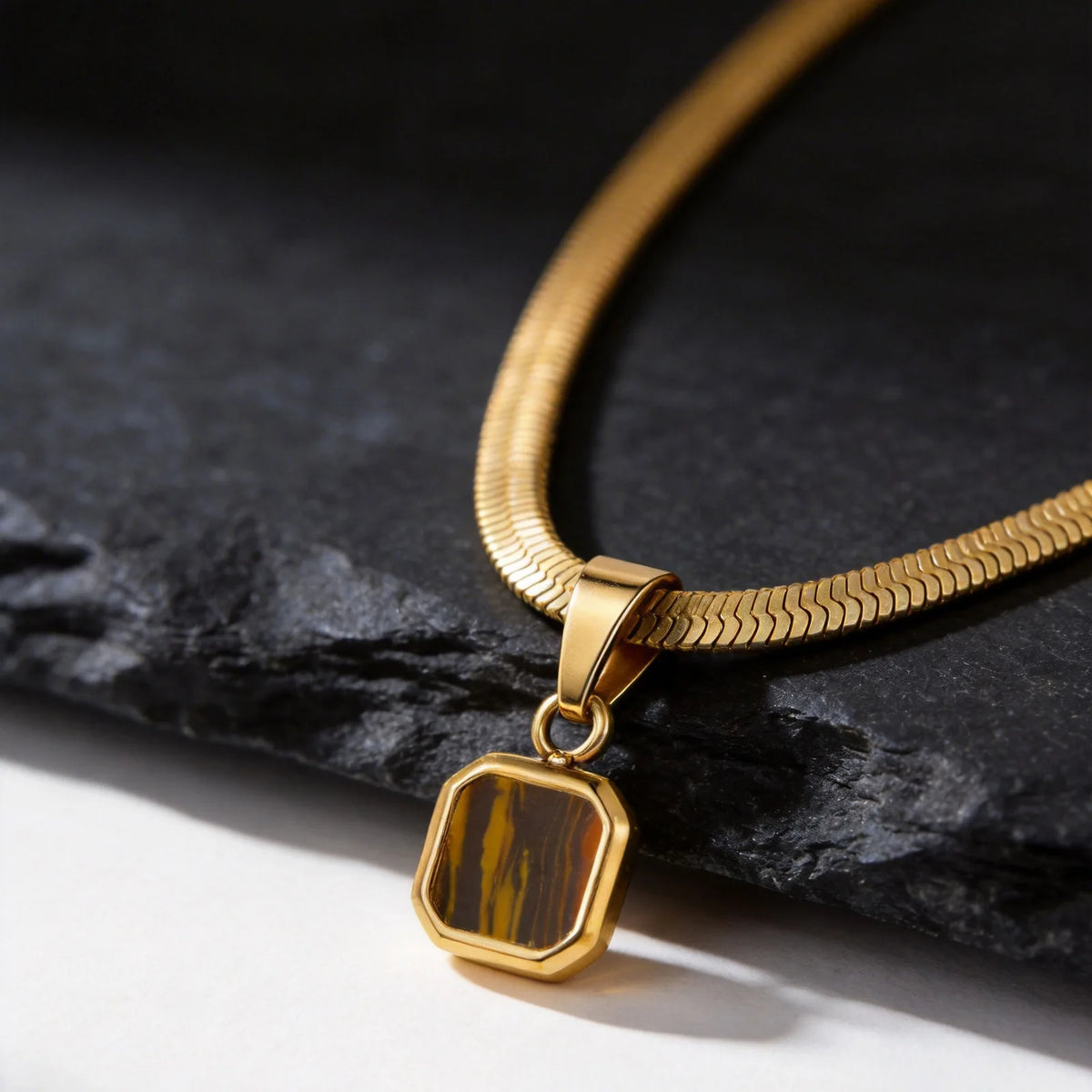 Men's Small Geometric Natural Stone Necklaces,Stylish Stainless Steel Flat Cuban Chain Collars,Hip-hop Punk Jewelry Gift