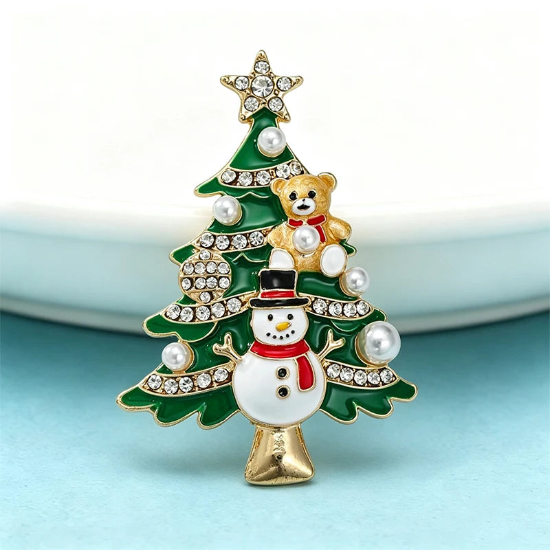 PENDRA Snowman Rhinestone Enamel Christmas Tree Brooch