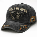 Edgy Hell Reaper Themed Distressed Adjustable Cap Collectible Bold Statement Piece For Daily Wear And Motorcycle