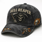 Edgy Hell Reaper Themed Distressed Adjustable Cap Collectible Bold Statement Piece For Daily Wear And Motorcycle