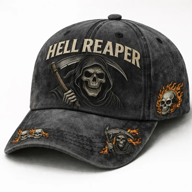 Edgy Hell Reaper Themed Distressed Adjustable Cap Collectible Bold Statement Piece For Daily Wear And Motorcycle