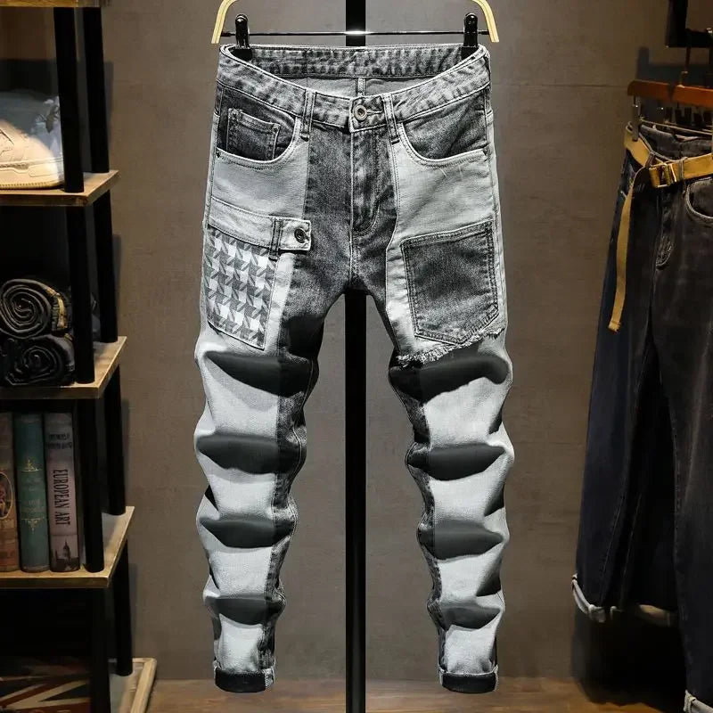 PENDRA Kpop Splicing Work Grey Patchwork Korean Jeans