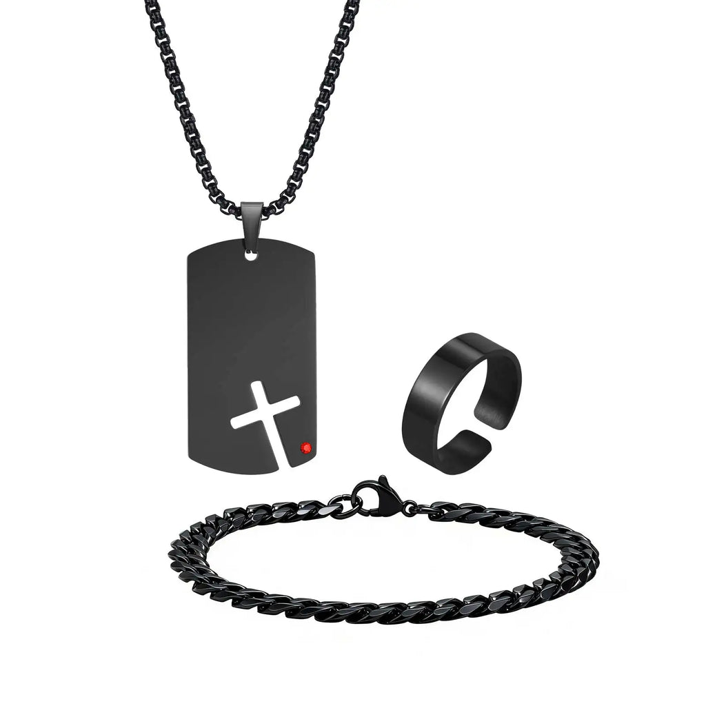 3pcs/set Dogtag Necklace for Men Boys,Stainless Steel Cuban Chain Bracelet,Waterproof Bend Ring Set Gift
