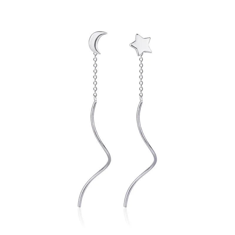 VENTFILLE 925 Sterling Silver Asymmetric Star Moon Earrings Long Tassel Feminine Temperament Korean Simple Jewelry
