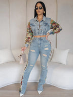 026 New Women's Retro Denim Patchwork Two-piece Suit, Fashionable Side Print Long-sleeved Lapel Jacket and Ripped Slim Jeans, Comfortable Version, Suitable for Daily Wear