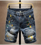 Beggar Ripped Denim Shorts Men's Summer Trendy Brand Ruffian Handsome Ink-splashing Elastic Washed Breeches Thin Short Pants
