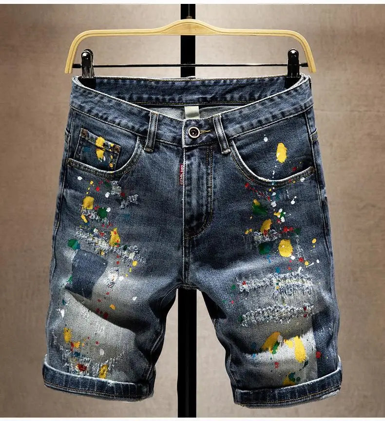 Beggar Ripped Denim Shorts Men's Summer Trendy Brand Ruffian Handsome Ink-splashing Elastic Washed Breeches Thin Short Pants